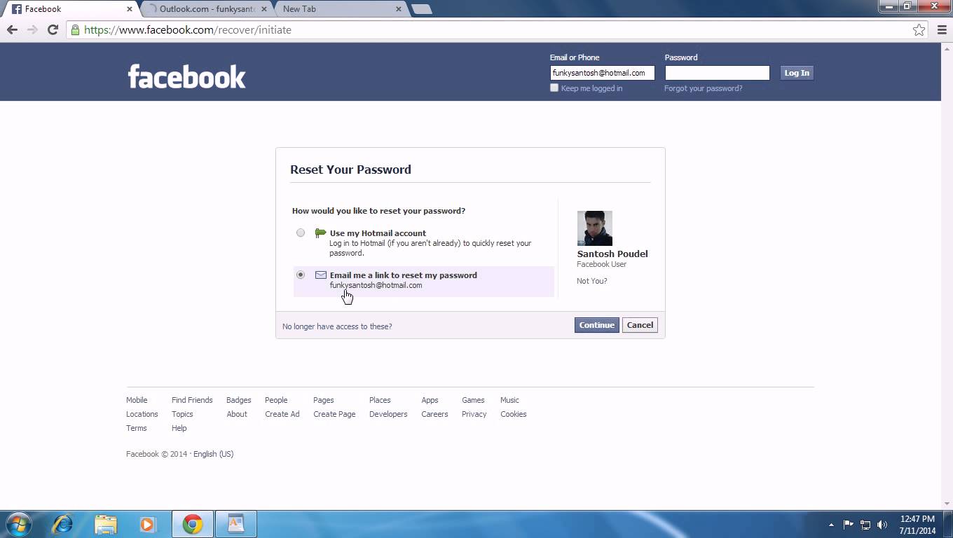 Facebook password reset